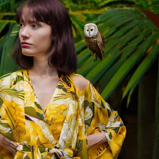 Prompt: head to shoulder portrait film photograph of an elegant top model wearing a yellow kimono with a very detailed barn owl on her shoulder!!! in a tropical greenhouse. looking at the camera!!. super resolution. 85 mm f1.8 lens.bokeh. graflex. by Simon Stålenhag ! -