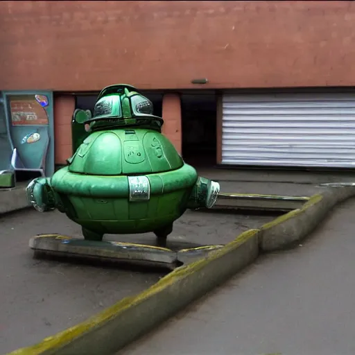 Prompt: Starbug from red dwarf tv series parked in Tesco carpark, still, photography