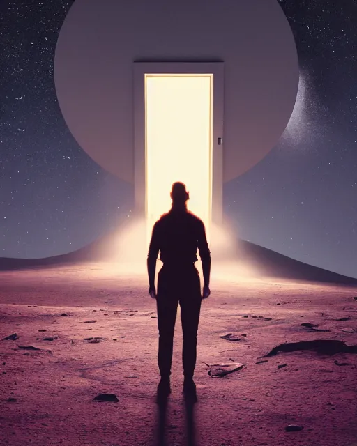 Image similar to a person standing in front of a glowy open door that's on a barren moon, poster art by mike winkelmann, trending on cg society, space art, sci - fi, ue 5, futuristic, volumetric lighting, light casting onto the ground, neat composition and camera angle