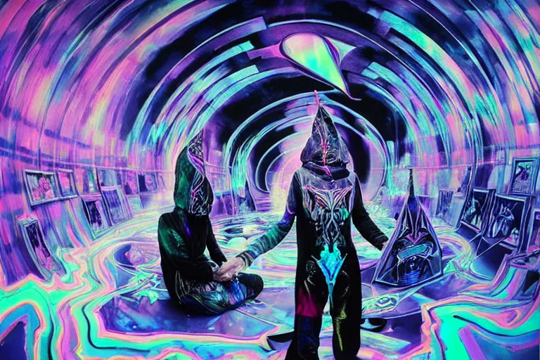 Prompt: a highly detailed beautiful masterpiece photograph of a technomancer wizard in dazzle camouflage robes with pointed hood facetiming his AI djinn hologram in his laboratory near a holographic super-computer by Remedios Varo and Anato Finnstark and Greg Rutkowski and Andy Warhol, dayglo pink, dayglo blue, prismatic, pearlescent white, raven black, hyperrealism, 8k, trending on ArtStation, rendered in Octane, rendered in Unreal engine, award winning, volumetric lighting