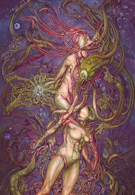 Prompt: simplicity, elegant, colorful glowing muscular cyborg eldritch, flowers, bodies, radiating, mandala, psychedelic, underwater, bubbles, shadows, by h. r. giger and esao andrews and maria sibylla merian eugene delacroix, gustave dore, thomas moran, pop art, giger's biomechanical xenomorph, art nouveau