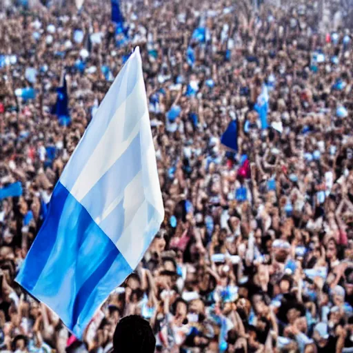 Image similar to Lady Gaga as president, Argentina presidential rally, Argentine flags behind, bokeh, giving a speech, detailed face, Argentina