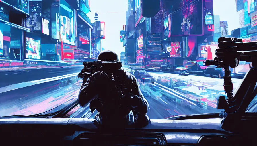 Image similar to elmo!! holding a machine gun leans out of the window of a driving car in cyberpunk, digital art, rendering, hyperrealistic, photorealism