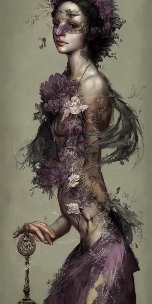 Image similar to a beautiful hyperrealistic solarpunk portrait pose of a stunning model in a striped mauve-and-soot dress, intricate, elegant, highly detailed, smooth, sharp focus, award-winning, masterpiece, in the style of Tom Bagshaw, Cedric Peyravernay, Peter Mohrbacher