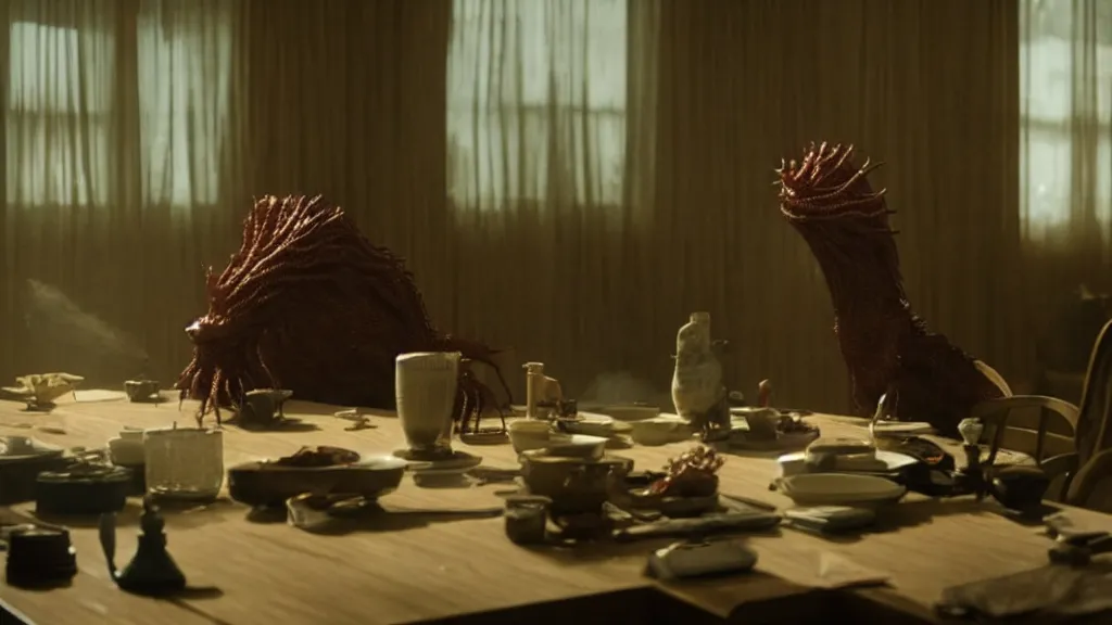 Prompt: a strange creature sits at a table, film still from the movie directed by Denis Villeneuve with art direction by Richard Corben wide lens