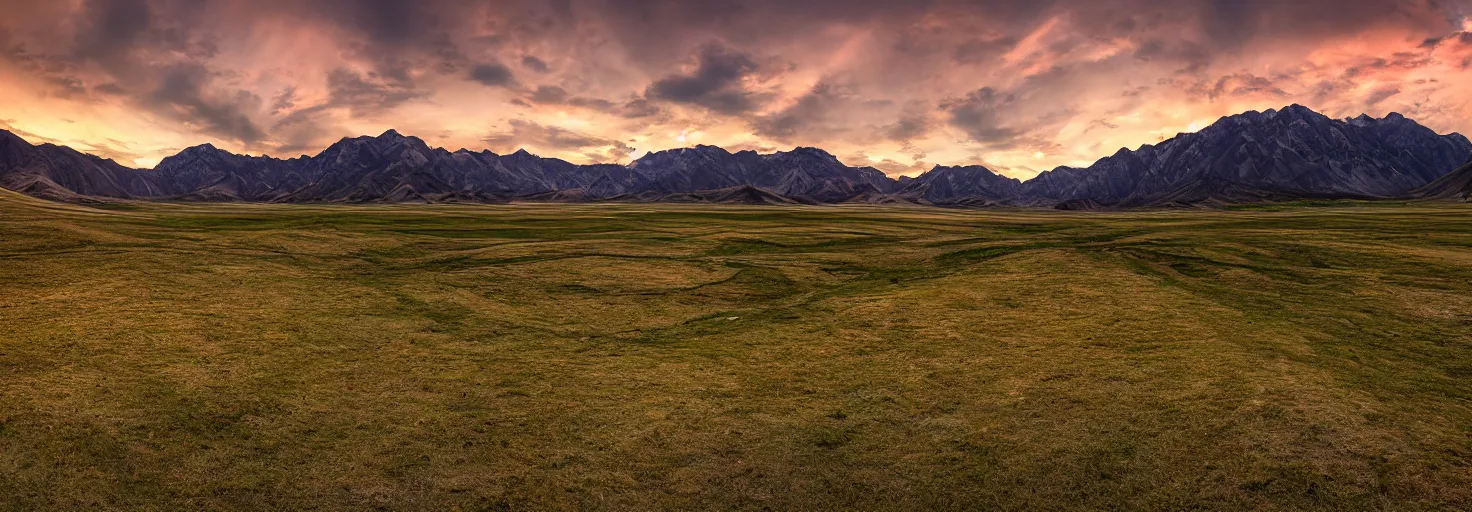 Prompt: sunset valley in kyrgyz, vray, hdr, clouds, soft shadow, photorealistic