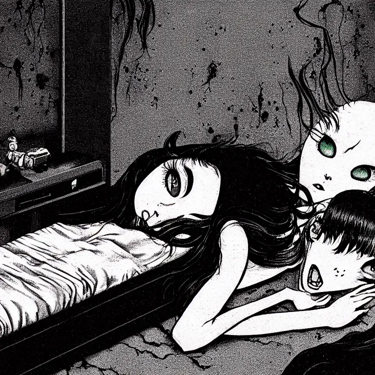 Image similar to cursed illustration of beautifully ominous creepy sleep paralysis demon sliding inside 1 9 8 0's teeanger cluttered bedroom. manga style of junji ito, kentaro mirua, weirdcore, octane render