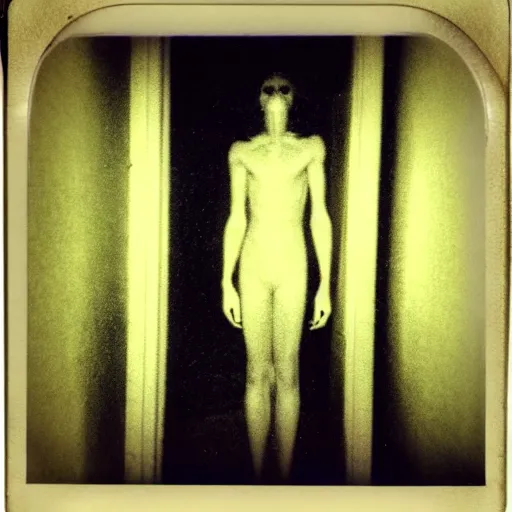 Image similar to Old polaroid of a dark spindly figure standing at the end of a dim hallway, liminal, creepypasta