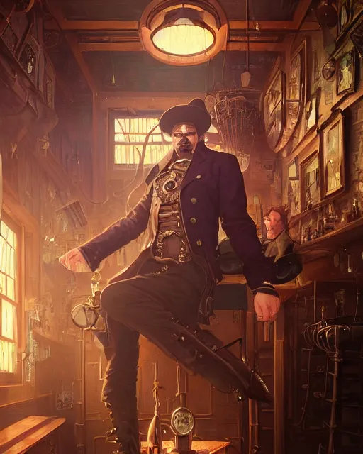 Image similar to highly detailed surreal vfx portrait of a steampunk cowboy in a steampunk saloon, stephen bliss, unreal engine, greg rutkowski, loish, rhads, beeple, makoto shinkai and lois van baarle, ilya kuvshinov, rossdraws, tom bagshaw, alphonse mucha, global illumination, detailed and intricate environment