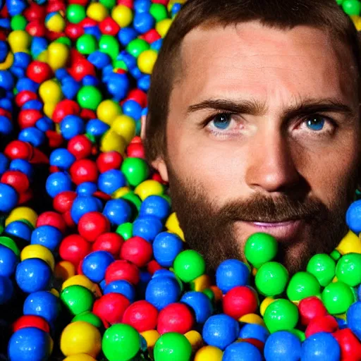 Prompt: Jesus playing in a ball pit with Master Chief from the Halo Franchise. There are balls flying around everywhere and eyes peeking out from in between the balls in the pit. Award winning photograph, HD