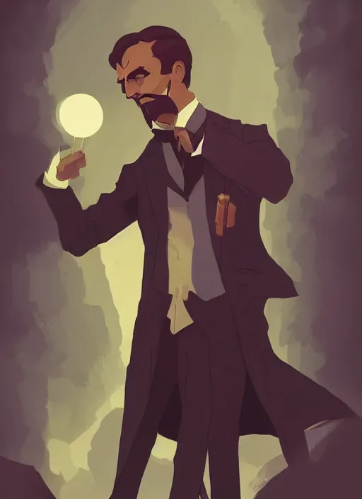 Image similar to Friedrich Nietzsche with a chiseled Jawline and serious Look, in his suit, in the Style of Atey Ghailan and Artgerm and Mike Mignola, beautiful colors, hard shadows, rim light, plain background, trending on artstation