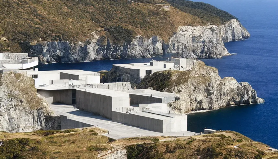 Image similar to big military base perched on a cliff overlooking a magnificient bay, laboratory, drawing architecture, science fiction, pritzker architecture prize, greig fraser