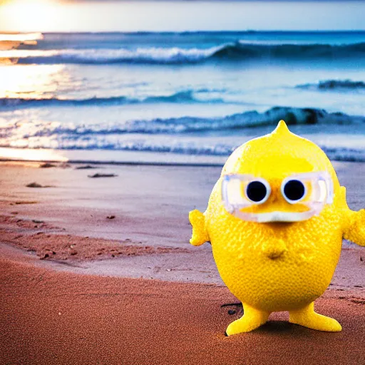 Image similar to 5 0 mm photograph, of a real anthropomorphic lemon character, with lemon skin texture, it is wearing a hat and scuba diving suit, building a sandcastle on the beach at sunset, beach, huge waves, sun, clouds, tropical trees, rim light, cinematic photography, professional, sand, sandcastle, volumetric lightening