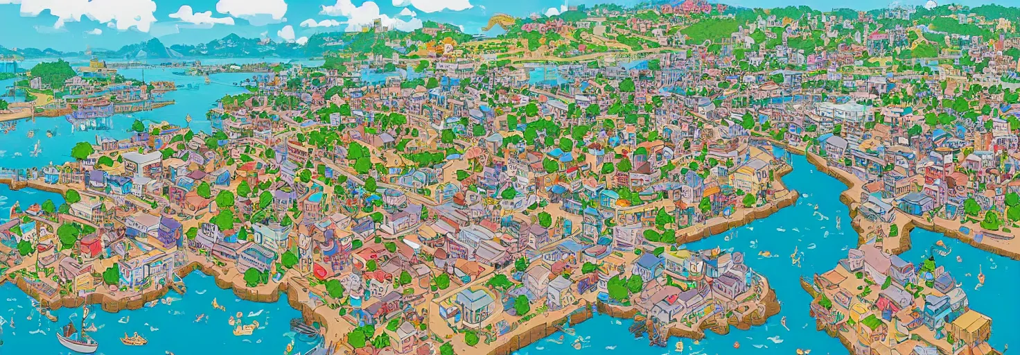 Prompt: a beautiful port town as seen from above in the style of animal crossing new horizons and kiki's delivery service by geof darrow and jean giraud h 6 4 0