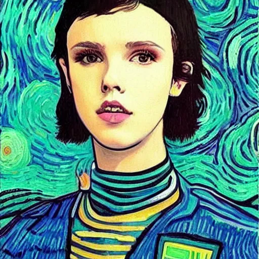 Image similar to Cyberpunk Millie Bobby Brown by Vincent Van Gogh