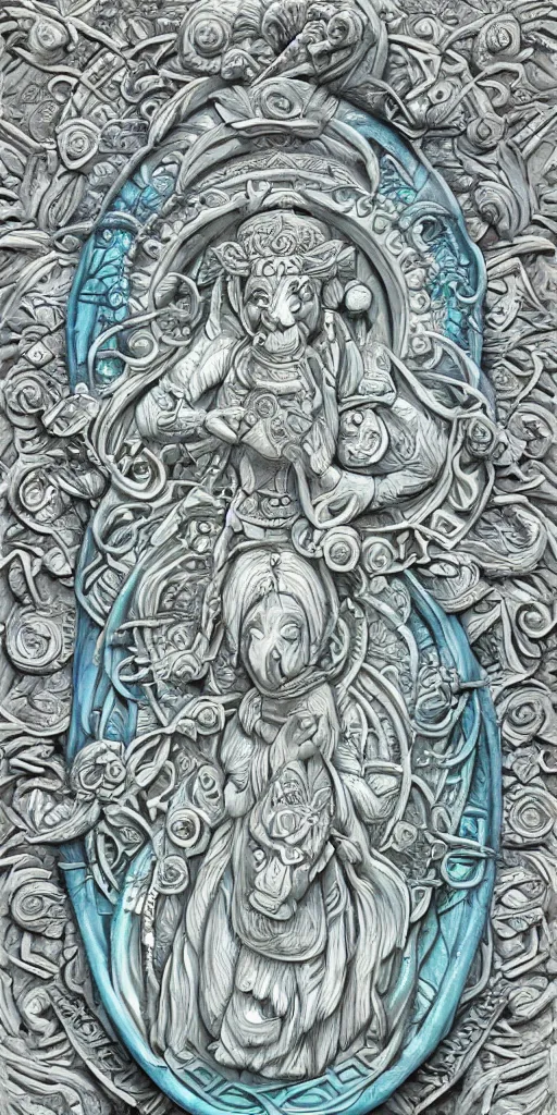 Image similar to intricate colourfully painted carved Soapstone relief paneling, white and pale blue , celestial, piggy, pig goddess, mother earth, Earth Goddess mythology, Gaia, angels, divinity, Ghostly, crystaline celtic, insanly detailed , artstation, wallpaper, hyper realistic, realistic lighting