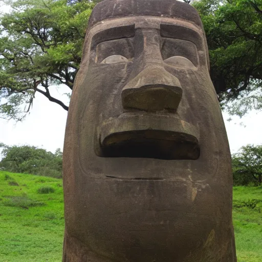 Image similar to a man hugging a giant moai statue