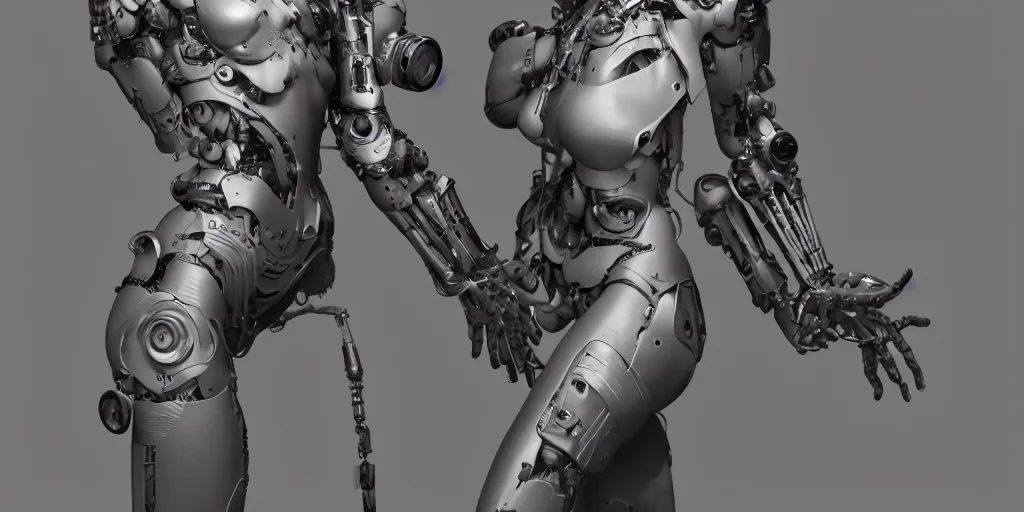 Image similar to photorealistic gorgeous symmetrical female cyborg, holding intimately, holding hands, highly detailed, arms, back, intricate, in the style of beth cavener, jin kagetsu, wlop, masterpiece, concept art, high key lighting, ambient lighting, octane render, 8 k, artstation