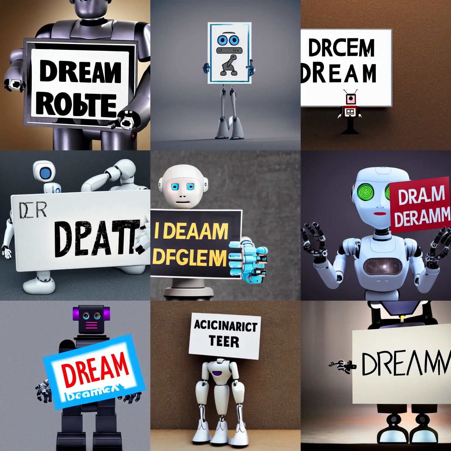 Image similar to artificial intelligence robot holding a sign with text that reads : dream