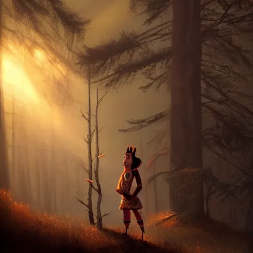 Image similar to medium shot native american, in a dark forest, mysterious, backlit, still from a pixar dreamworks movie, trending on artstation