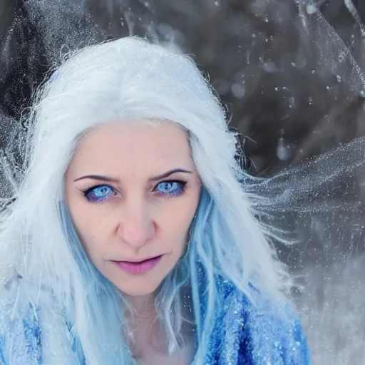 Prompt: ice dust around a frozen woman with white hair and blue eyes on the seashore, In detail