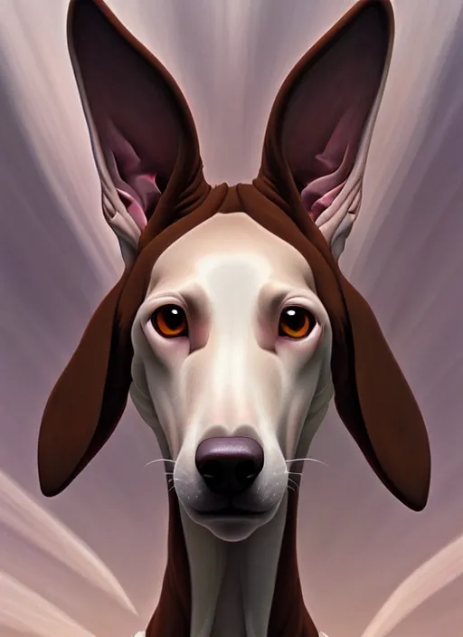 Image similar to demonic white brown greyhound, natural lighting, path traced, highly detailed, high quality, digital painting, by don bluth and ross tran and studio ghibli and alphonse mucha, artgerm