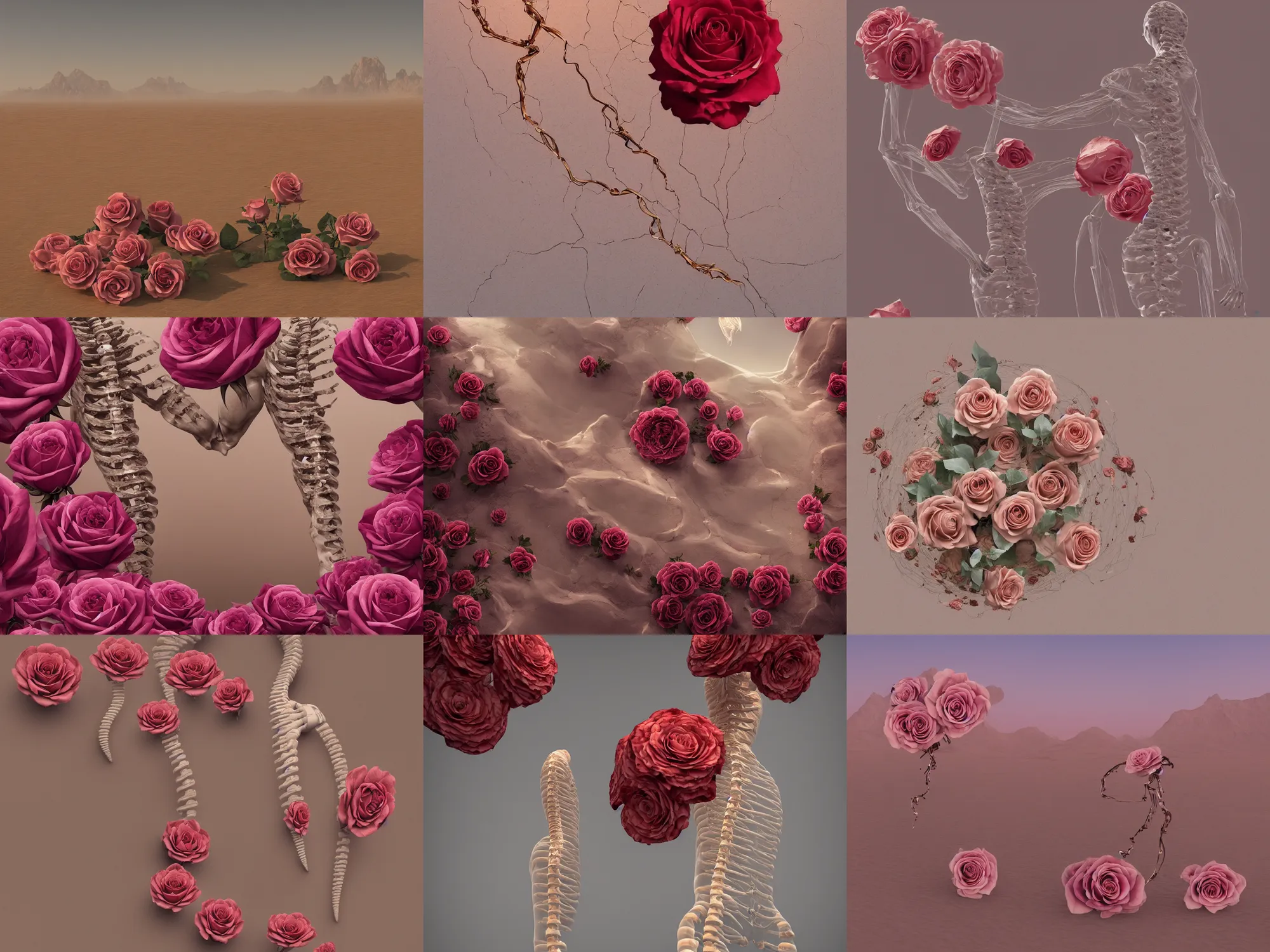 Prompt: transparent digital art of a human spine + roses + kintsugi!!!, serene desert setting, transcendent, clean linework, dramatic, finely detailed, 4 k, trending on artstation, photorealistic, volumetric lighting, octane render