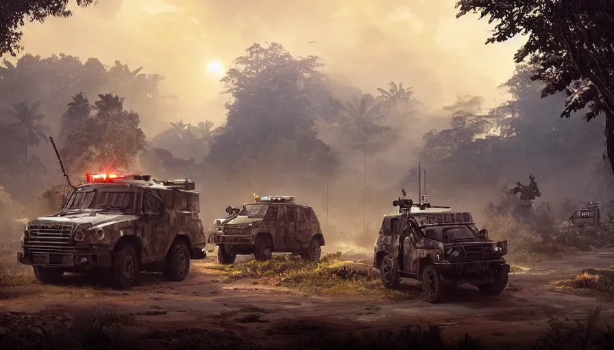 Image similar to a militarized police vehicle riding through a kerala village, troops searching the area, furious action scene, an epic fantasy, dramatic lighting, cinematic, establishing shot, extremely high detail, photorealistic, cinematic lighting, artstation, matte painting, octane render, by simon stalenhag, shadow of the tomb raider, diorama