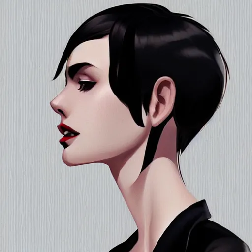 Image similar to girl in tuxedo with black chaotic wavy short haircut, elegant, 2d, ultra highly detailed, digital painting, smooth, sharp focus, artstation, art by Ilya Kuvshinov