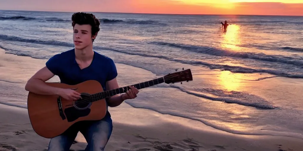 Prompt: Shawn Mendes en la playa tocando la guitarra at sunset