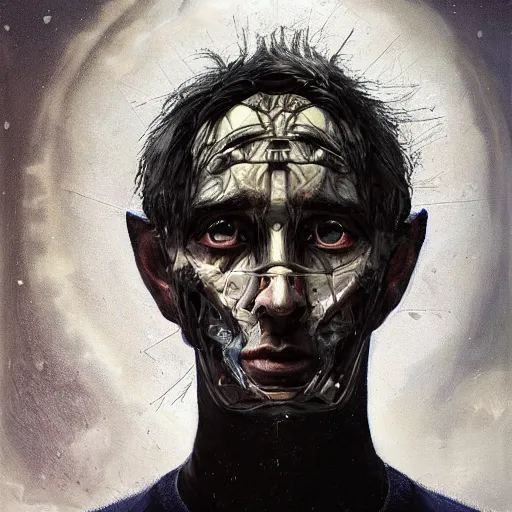 Prompt: surreal portrait of a man by Greg Rutkowski, symmetrical face, he is about 50 years old, short black hair with bangs, his features are a mix between French, Turkish and Russian, transformed into a kind of biomechanical transhuman god, blue glowing eyes, expression of epiphany and determination, cosmic void background, frightening, fascinating, highly detailed portrait, digital painting, book cover, artstation, concept art, smooth, sharp foccus ilustration, Artstation HQ