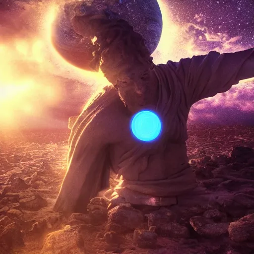 Prompt: a god holding a planet, 8K resolution, HDR, soft focus, macro photography, digital art, ambient occlusion, gothic art, hyperdetailed, Unreal Engine, ethereal, dynamic lighting, stunning visuals, creative, trending on art station, ultra detailed