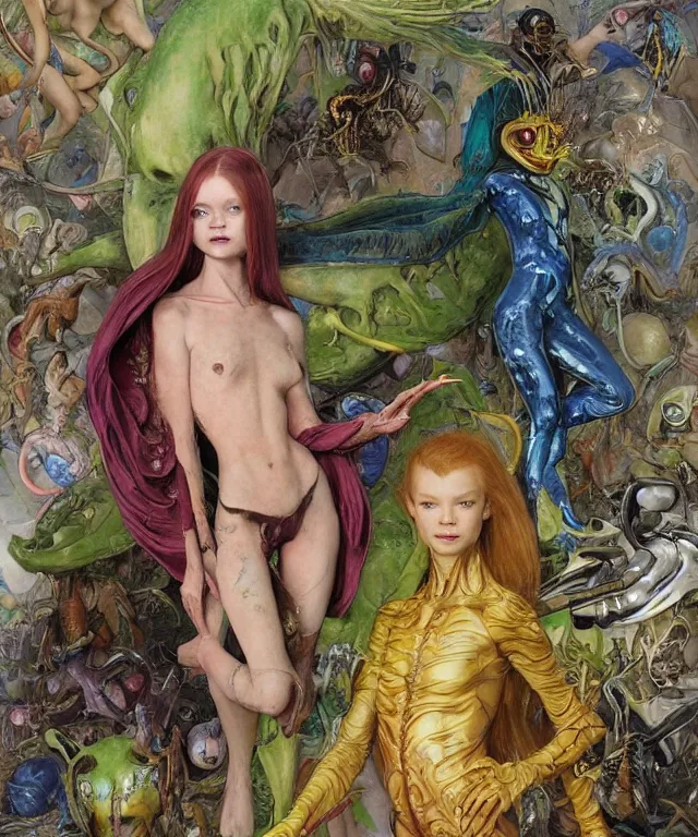 Image similar to a portrait photograph of a mutated alien super villian with slimy skin and wings. she looks like sadie sink and is trying on a colorful infected bulbous shiny organic catsuit. by donato giancola, hans holbein, walton ford, gaston bussiere, peter mohrbacher and brian froud. 8 k, cgsociety, fashion editorial