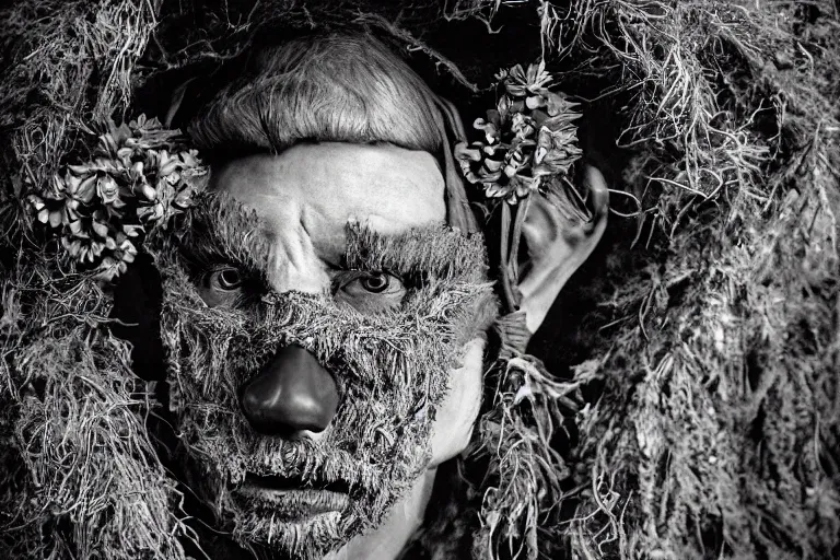 Image similar to portrait of a tyrolean folklore mask, dark, eerie , wearing hay coat, with horns, eerie, flowers growing out of his body, dolomites in the background, detailed intricate insanely detailed octane render, 8k, artistic 1920s photography, vintage photo, black and white, photorealistic, chiaroscuro, by David Cronenberg, Raphael, Caravaggio