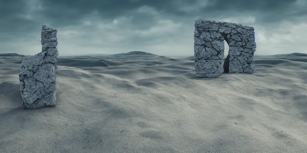 Image similar to a breathtaking surreal render of windswept dunes scandinavian landscape, a withered ancient altar + stone in center in focus, blue tint, ultra wide shot, cinematic, 8 k, photorealistic, dramatic lighting