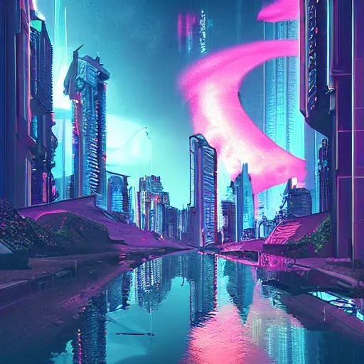 Image similar to “ paradise, cyberpunk art by vincent lefevre, behance contest winner, altermodern, cityscape, synthwave, matte painting ”