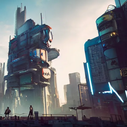 Prompt: tallneck in cyberpunk city