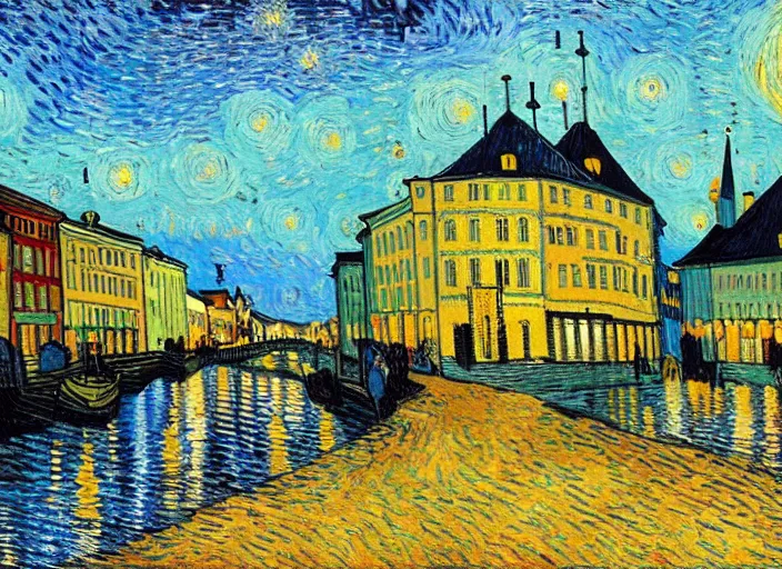 Image similar to a painting of the city of Rostock in the style of Vincent van Gogh