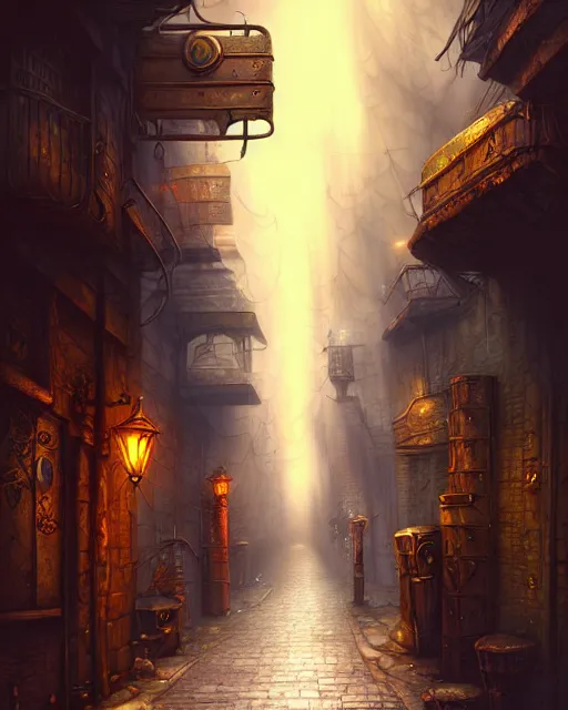 Image similar to street view of an otherworldly alley in the planescape city named sigil, crowded, beautiful digital painting in the style of wlop, volumetric lightning, intricate details, ultra realistic, by art germ, by gerard brom, steampunk, fantasypunk, deep colors, amazing d & d art, trending cgsociety, artstation, sharp