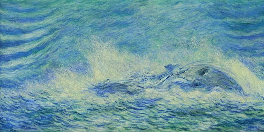 Image similar to An aesthetically pleasing, dynamic, energetic, lively, well-designed digital art of a whale, ripples, waves, sea foam, light and shadow, ocean caustics, by Claude Monet, traditional Japanese colors, superior quality, masterpiece, excellent use of negative space.