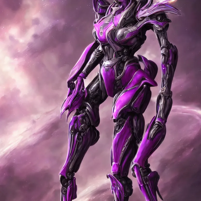 Image similar to cinematic front shot, cosmic sized proportional stunning beautiful hot female warframe, detailed robot mecha female dragon head, metal ears purple eyes, sleek silver armor, fuschia skin, floating in empty space, nebula sized, posing elegantly, epic proportions, epic size, epic scale, furry art, dragon art, giantess art, warframe fanart, furaffinity, deviantart