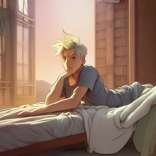 Image similar to young man with short, ash blond greyish hair, light brown eyes, casual clothes, hanging out on a bed, path traced, highly detailed, high quality, digital painting, by don bluth and ross tran and studio ghibli and alphonse mucha, sylvain sarrailh