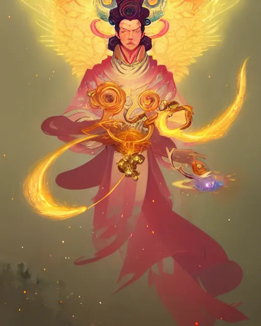 Image similar to a character portrait of only one male angel with golden fiery wings, surrounded with spiriling sparkling rose crystals and galaxies, by peter mohrbacher, hyper light drifter, ukiyo - e trending on artstation