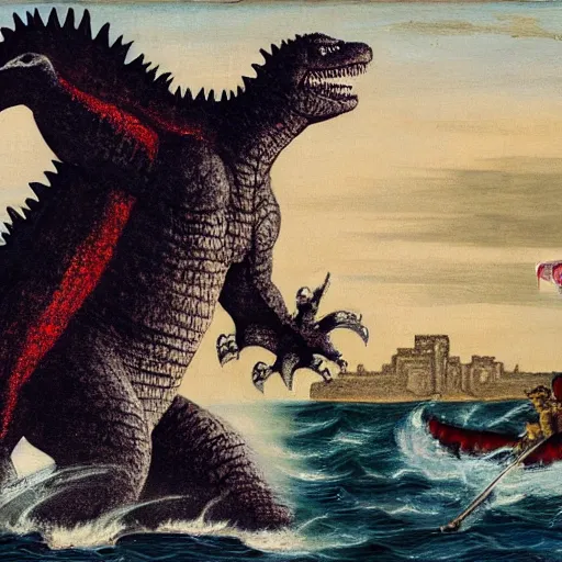 Image similar to Godzilla fighting Biden in medieval England, oil painting