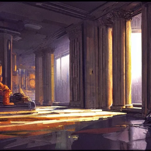 Prompt: detailed painting of bladerunner interior room with roman architecture, artstation, syd mead, cinematic