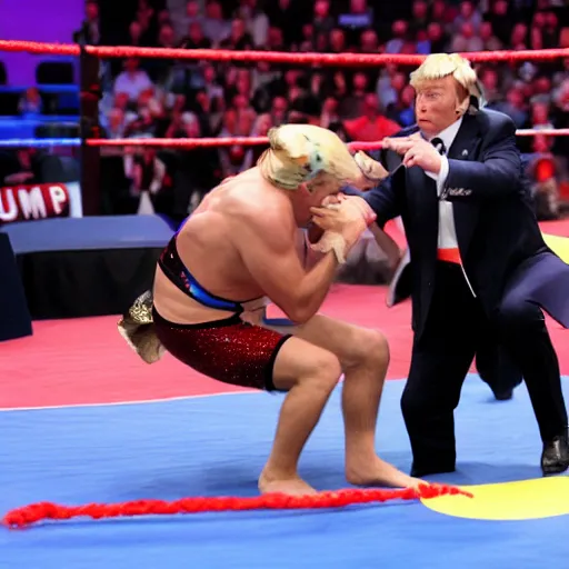 Image similar to donald trump wrestling vladimir putin, wrestling ring, vivid, colorful