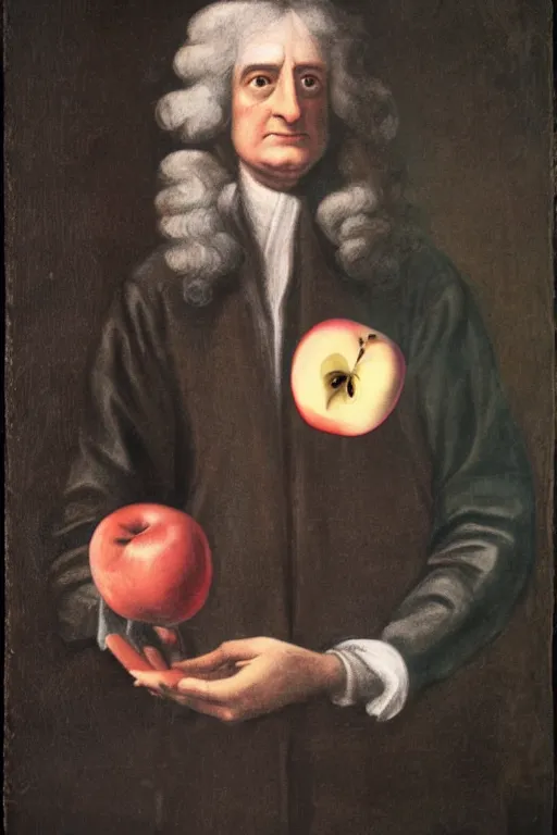 Image similar to isaac newton holding an apple, collage