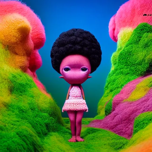 Prompt: symmetry!, wide angle dynamic portrait of a chibbi black girl with a colorful afro in a futuristic zen jungle heaven, macrophotography, felt texture, amigurumi by mark ryden and todd schorr and mark davis and zdislaw beksinski in a surreal lowbrow style, digital paint, matte paint, vivid synthwave colors, breathtaking landscape