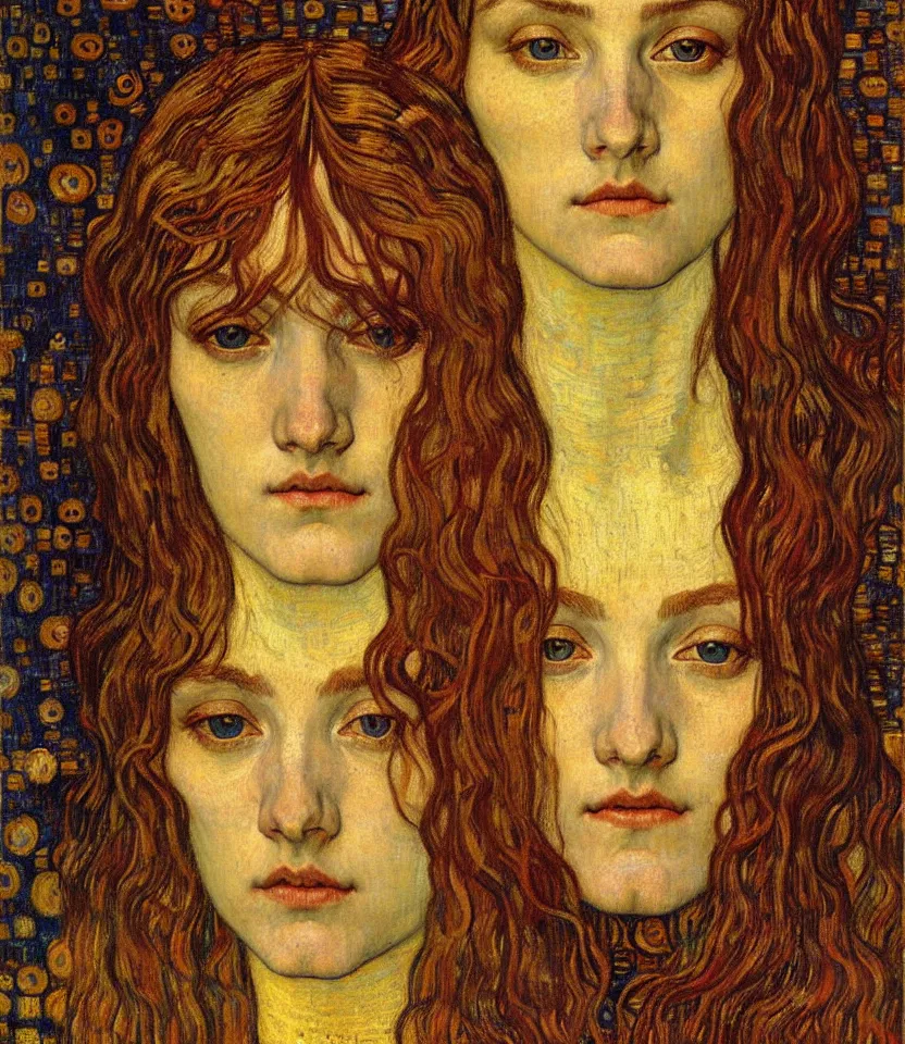 Image similar to detailed realistic beautiful young medieval queen face portrait by jean delville, gustav klimt and vincent van gogh, art nouveau, symbolist, visionary, gothic, pre - raphaelite, muted earthy colors, desaturated