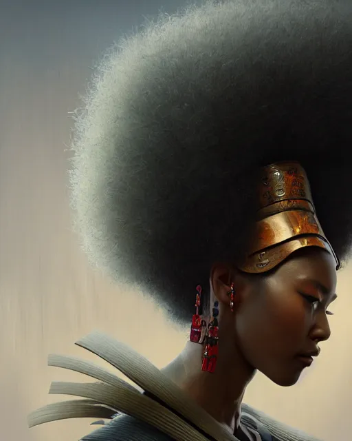 Prompt: samurai with afro, prismatic highlights, model, brown skin, telephoto, beautiful, depth of field, cinematic, macro, concept art, art station, wepa digital, natural, digital painting, elegant, epic, focus, octane render, v-ray, 8k, C4D, art by Karol Bak